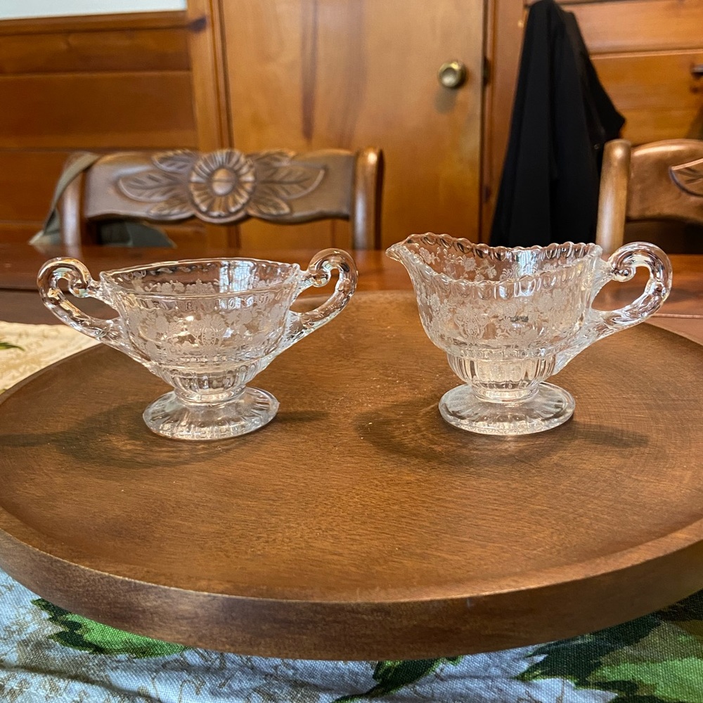 Floral Embossed Glass Sugar Bowl & Creamer Pitcher